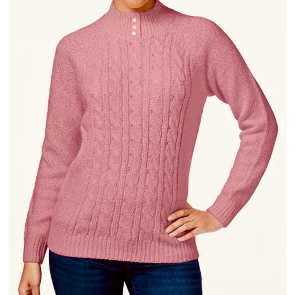 KAREN SCOTT • Dusty Pink Cable Knit Faux Pearl Button Mock-neck Sweater, S - Picture 1 of 16